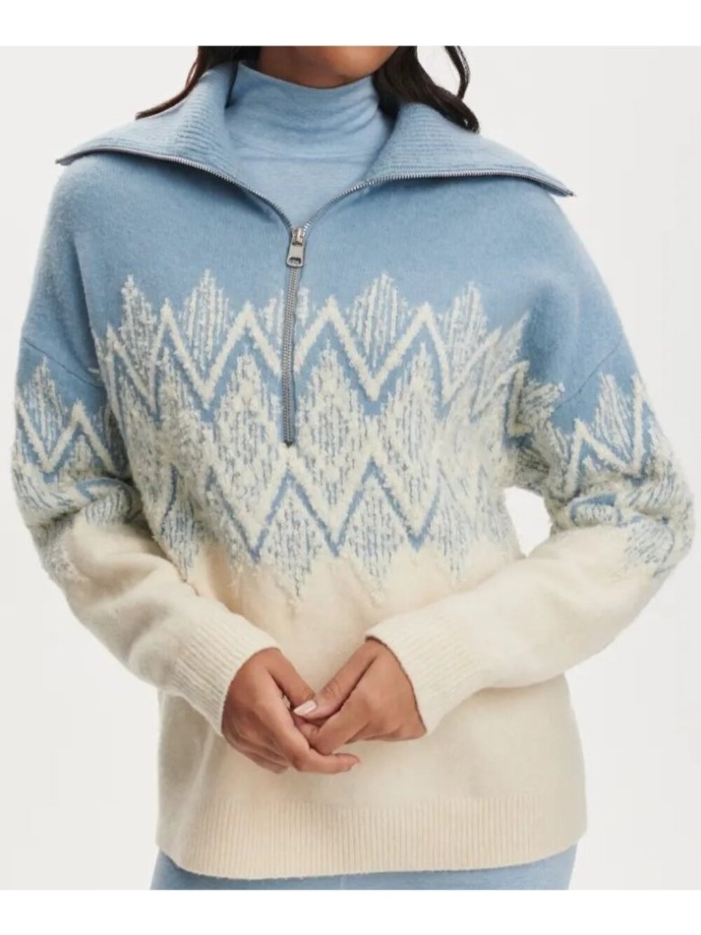 Varley Hedda Fairisle Half Zip Sweater Warm Winter Cozy Soft Wool Blue Womens M